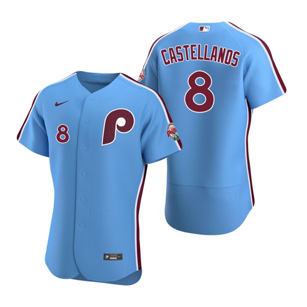 Men's Philadelphia Phillies #8 Nick Castellanos Blue Flex Base Stitched Baseball Jersey Men's Philadelphia Phillies #8 Nick Castellanos Blue Flex Base Stitched Baseball Jersey