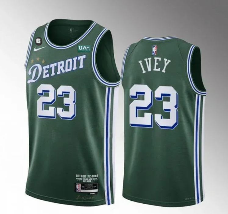 Men's Detroit Pistons #23 Jaden Ivey Green 2022/23 City Edition With NO.6 Patch Stitched Jersey Men's Detroit Pistons #23 Jaden Ivey Green 2022/23 City Edition With NO.6 Patch Stitched Jersey
