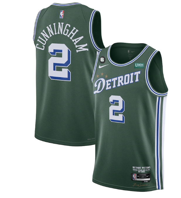 Men's Detroit Pistons #2 Cade Cunningham Green 2022/23 City Edition With NO.6 Patch Stitched Jersey Men's Detroit Pistons #2 Cade Cunningham Green 2022/23 City Edition With NO.6 Patch Stitched Jersey