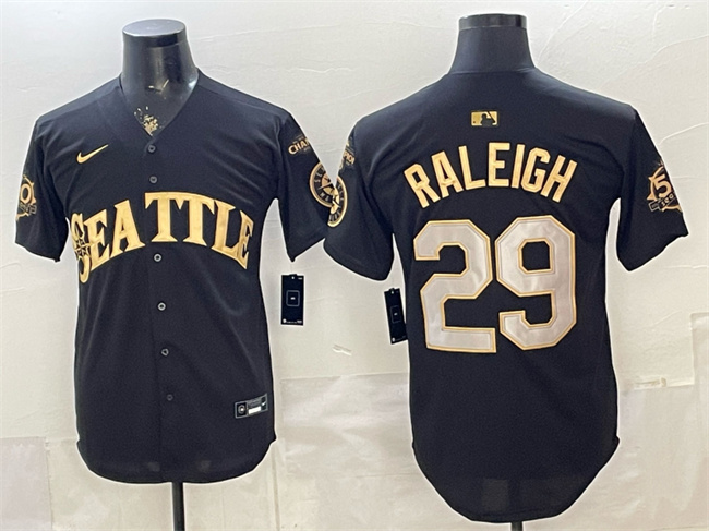 Men's Seattle Mariners #29 Cal Raleigh Black/Gold 50th Anniversary & AL West Division Champions Patch Vapor Limited Stitched Baseball Jersey Men's Seattle Mariners #29 Cal Raleigh Black/Gold 50th Anniversary & AL West Division Champions Patch Vapor Limited Stitched Baseball Jersey