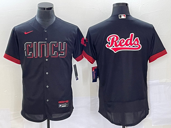 Men's Cincinnati Reds Black 2023 City Connect Big Team Logo Flex Base Stitched Jersey Men's Cincinnati Reds Black 2023 City Connect Big Team Logo Flex Base Stitched Jersey