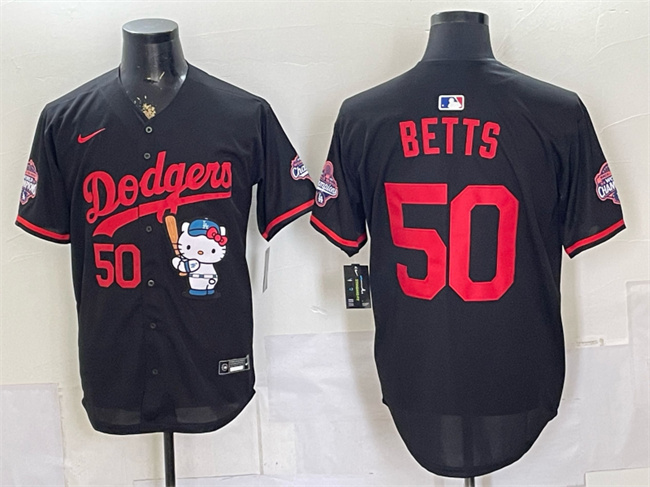 Men's Los Angeles Dodgers #50 Mookie Betts Black Hello Kitty Night 2025 World Series Champions Patch Stitched Baseball Jersey