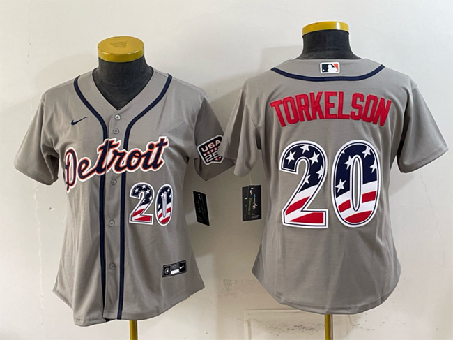 Women's Detroit Tigers #20 Spencer Torkelson Grey 2026 USA 250 Fourth of July Stitched Baseball Jersey(Run Small)
