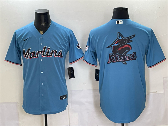 Men's Miami Marlins Blue Team Big Logo Cool Base Stitched Baseball Jersey