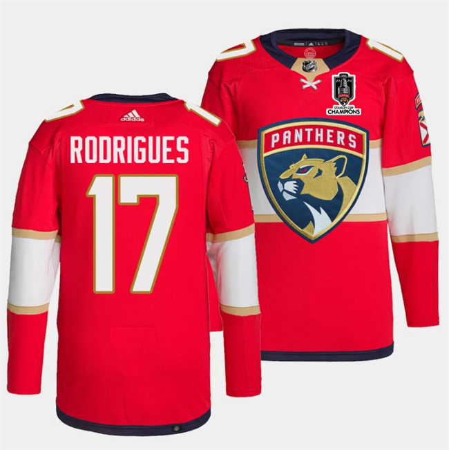 Men's Florida Panthers #17 Evan Rodrigues Red Home 2024 Stanley Cup Champions Stitched Jersey Men's Florida Panthers #17 Evan Rodrigues Red Home 2024 Stanley Cup Champions Stitched Jersey