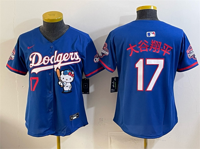 Women's Los Angeles Dodgers #17 大谷翔平 Royal Hello Kitty Night 2025 World Series Champions Patch Stitched Baseball Jersey(Run Small) Women's Los Angeles Dodgers #17 大谷翔平 Royal Hello Kitty Night 2025 World Series Champions Patch Stitched Baseball Jersey(Run Small)