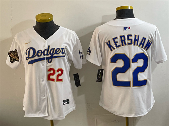 Youth Los Angeles Dodgers #22 Clayton Kershaw White 2025 World Series Champions Patch Limited Stitched Baseball Jersey Youth Los Angeles Dodgers #22 Clayton Kershaw White 2025 World Series Champions Patch Limited Stitched Baseball Jersey