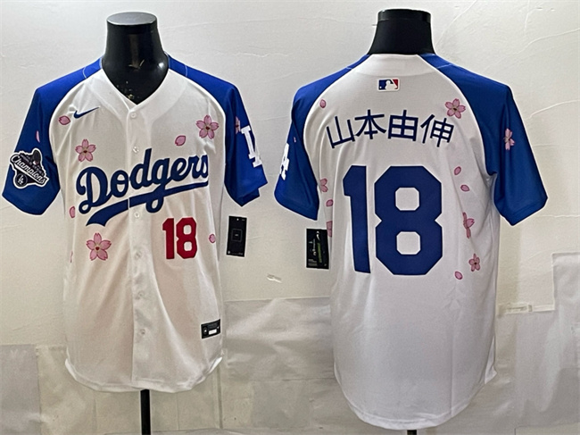 Men's Los Angeles Dodgers #18 山本由伸 White/Royal 2025 World Series Champions Patch Tokyo Series Limited Stitched Baseball Jersey