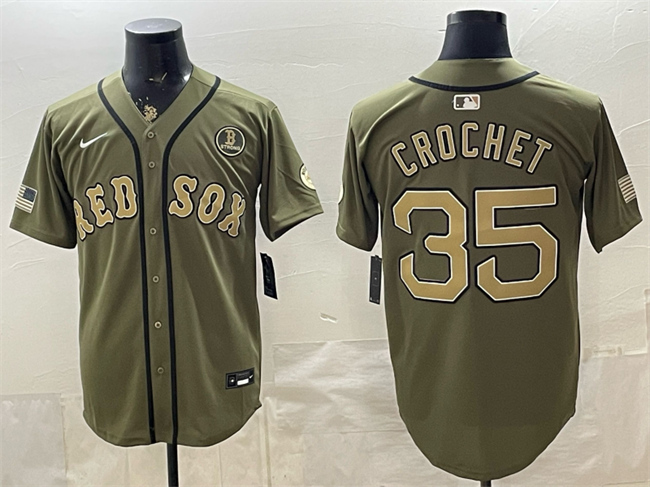 Men's Boston Red Sox #35 Garrett Crochet Olive Armed Forces Day Cool Base Stitched Baseball Jersey
