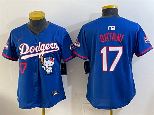 Women's Los Angeles Dodgers #17 Shohei Ohtani Royal Hello Kitty Night 2025 World Series Champions Patch Stitched Baseball Jersey(Run Small) Women's Los Angeles Dodgers #17 Shohei Ohtani Royal Hello Kitty Night 2025 World Series Champions Patch Stitched Baseball Jersey(Run Small)
