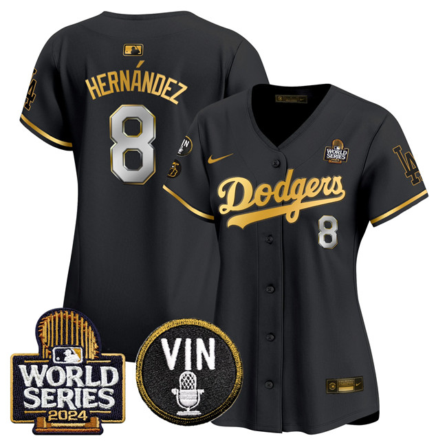 Women's Los Angeles Dodgers #8 Enrique Hernández Black/Gold 2024 World Series With Vin & Kobe Patch Limited Stitched Baseball Jersey(Run Small) Women's Los Angeles Dodgers #8 Enrique Hernández Black/Gold 2024 World Series With Vin & Kobe Patch Limited Stitched Baseball Jersey(Run Small)