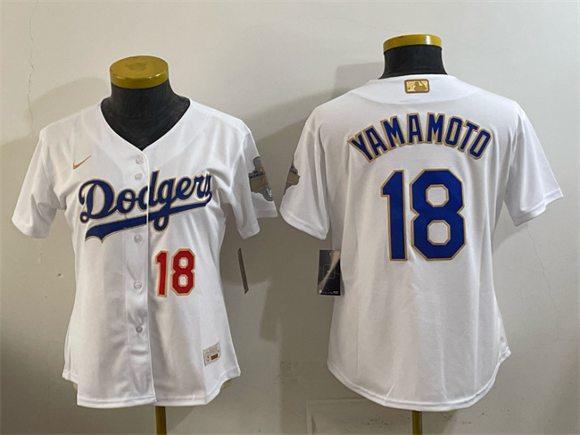 Women's Los Angeles Dodgers #18 Yoshinobu Yamamoto White 2026 Gold Collection Stadium Stitched Baseball Jersey(Run Small) Women's Los Angeles Dodgers #18 Yoshinobu Yamamoto White 2026 Gold Collection Stadium Stitched Baseball Jersey(Run Small)